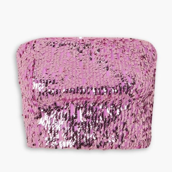 NWT ROTATE BIRGER CHRISTENSEN Emili strapless cropped sequined tulle top - Picture 2 of 6